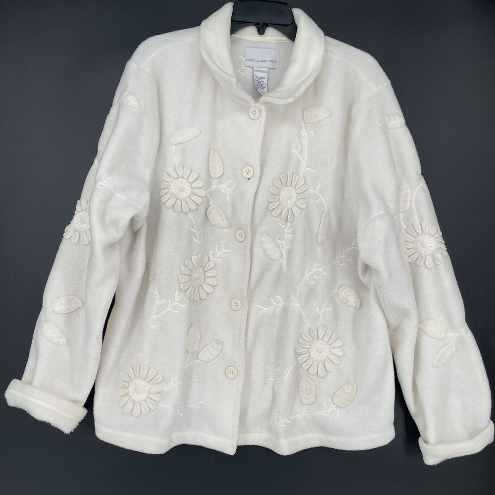 Susan Graver Style Fleece Jacket Button Up Embroidered 3D Applique White Size XL
